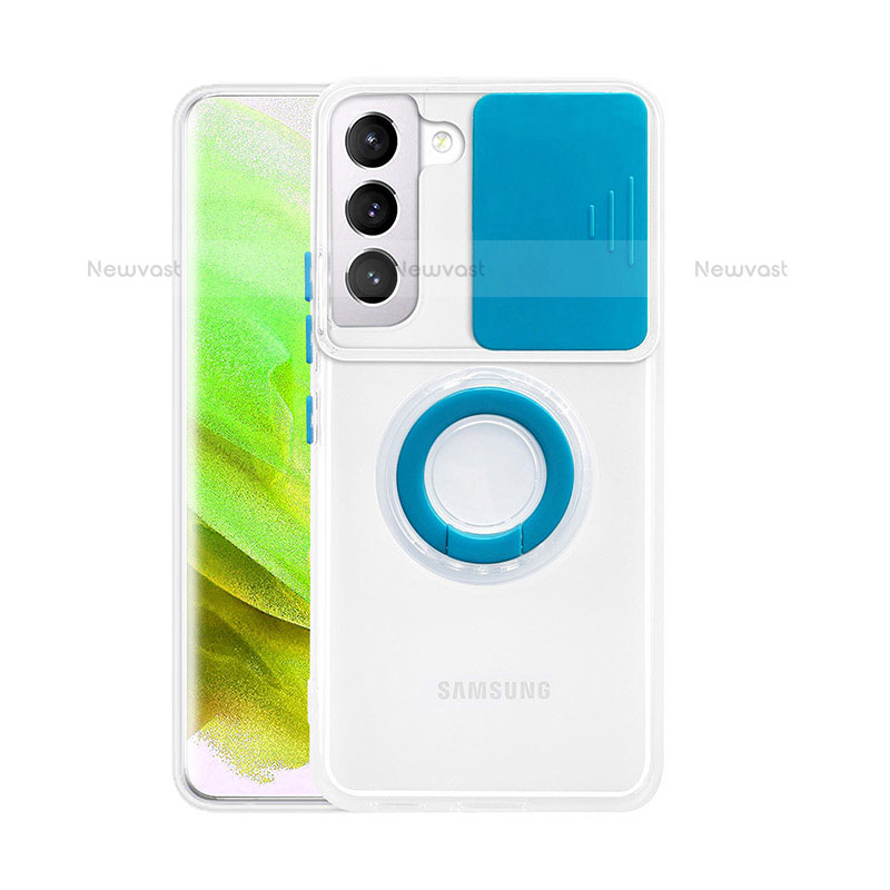 Ultra-thin Transparent TPU Soft Case Cover with Finger Ring Stand S01 for Samsung Galaxy S21 FE 5G Blue