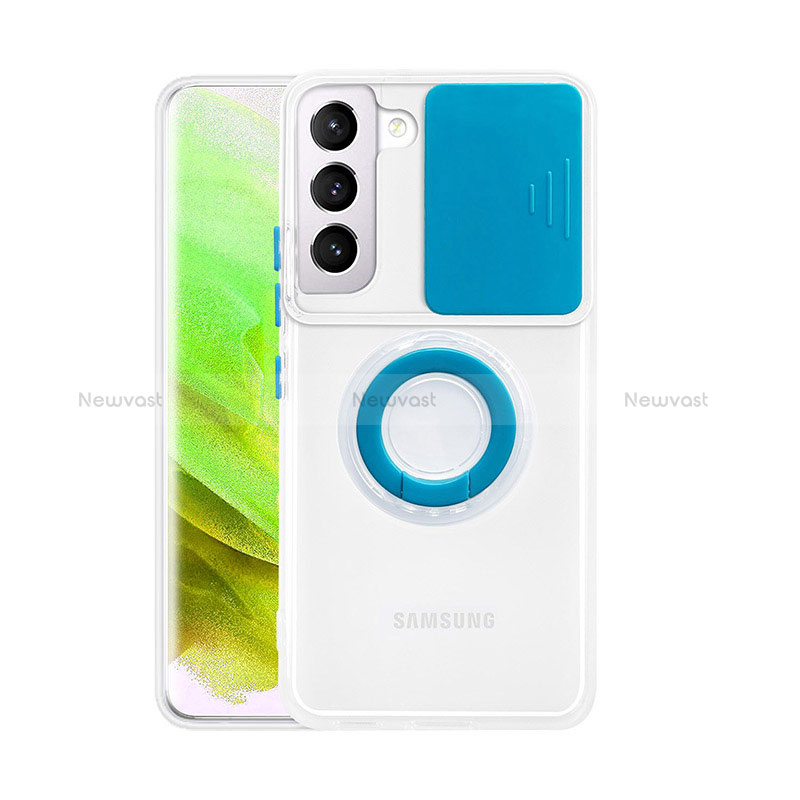 Ultra-thin Transparent TPU Soft Case Cover with Finger Ring Stand S01 for Samsung Galaxy S22 Plus 5G Blue