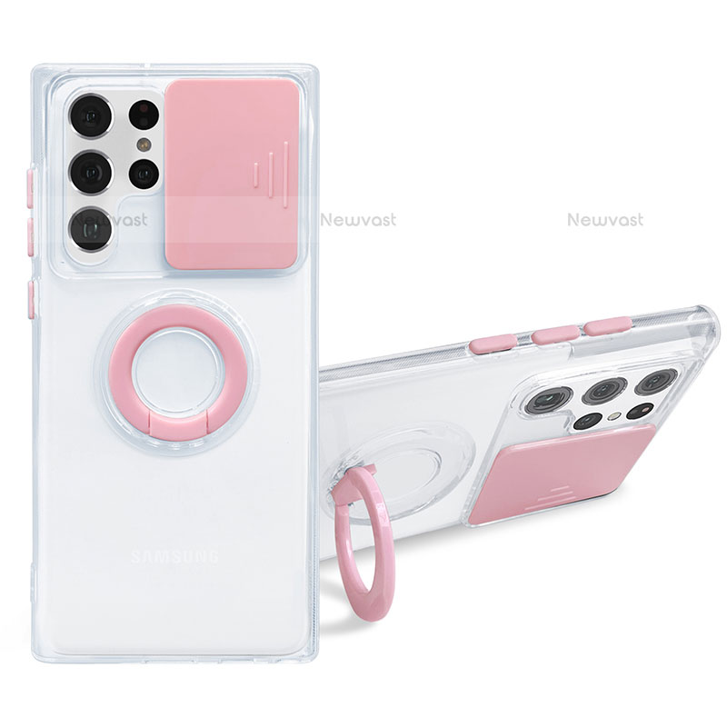 Ultra-thin Transparent TPU Soft Case Cover with Finger Ring Stand S01 for Samsung Galaxy S22 Ultra 5G Pink