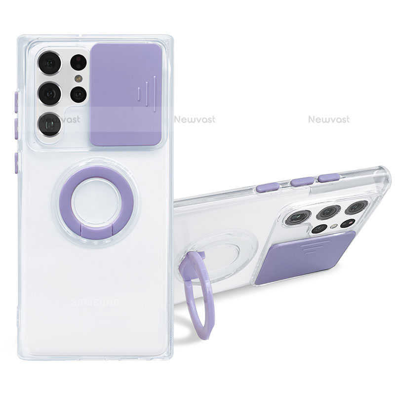 Ultra-thin Transparent TPU Soft Case Cover with Finger Ring Stand S01 for Samsung Galaxy S23 Ultra 5G Purple