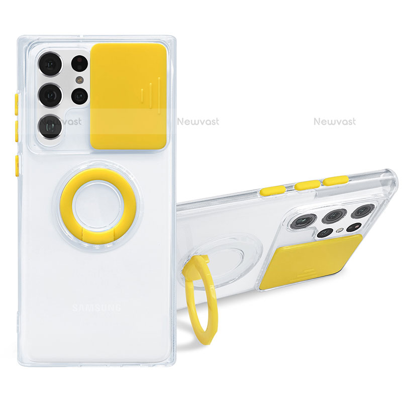 Ultra-thin Transparent TPU Soft Case Cover with Finger Ring Stand S01 for Samsung Galaxy S23 Ultra 5G Yellow