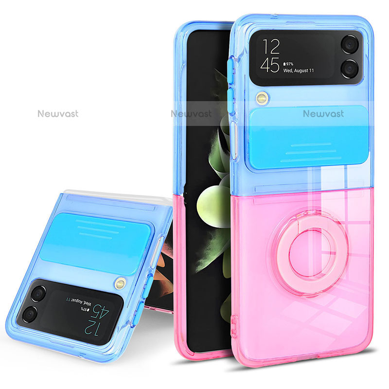 Ultra-thin Transparent TPU Soft Case Cover with Finger Ring Stand S02 for Samsung Galaxy Z Flip3 5G Blue