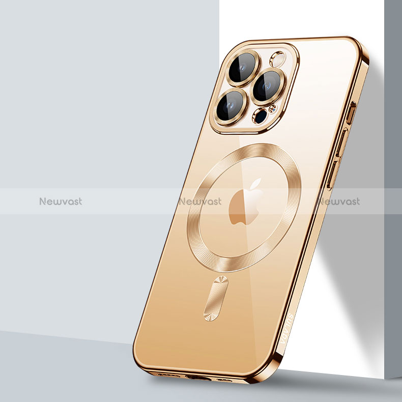 Ultra-thin Transparent TPU Soft Case Cover with Mag-Safe Magnetic LD2 for Apple iPhone 15 Pro Max Gold