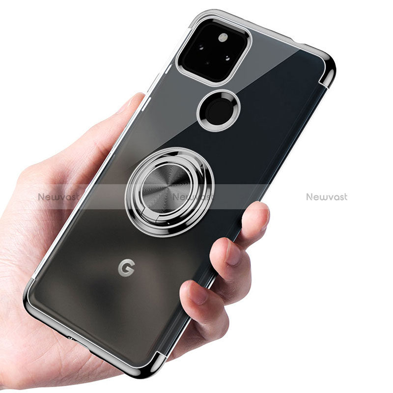 Ultra-thin Transparent TPU Soft Case Cover with Magnetic Finger Ring Stand AN1 for Google Pixel 5a 5G