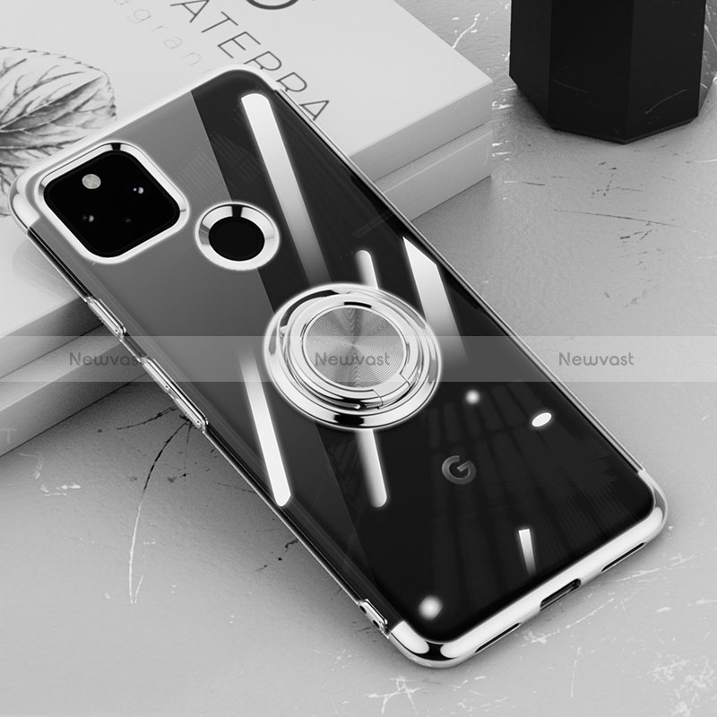 Ultra-thin Transparent TPU Soft Case Cover with Magnetic Finger Ring Stand AN1 for Google Pixel 5a 5G