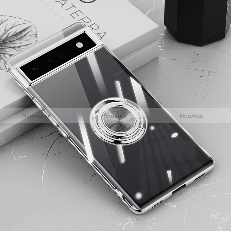 Ultra-thin Transparent TPU Soft Case Cover with Magnetic Finger Ring Stand AN1 for Google Pixel 6a 5G