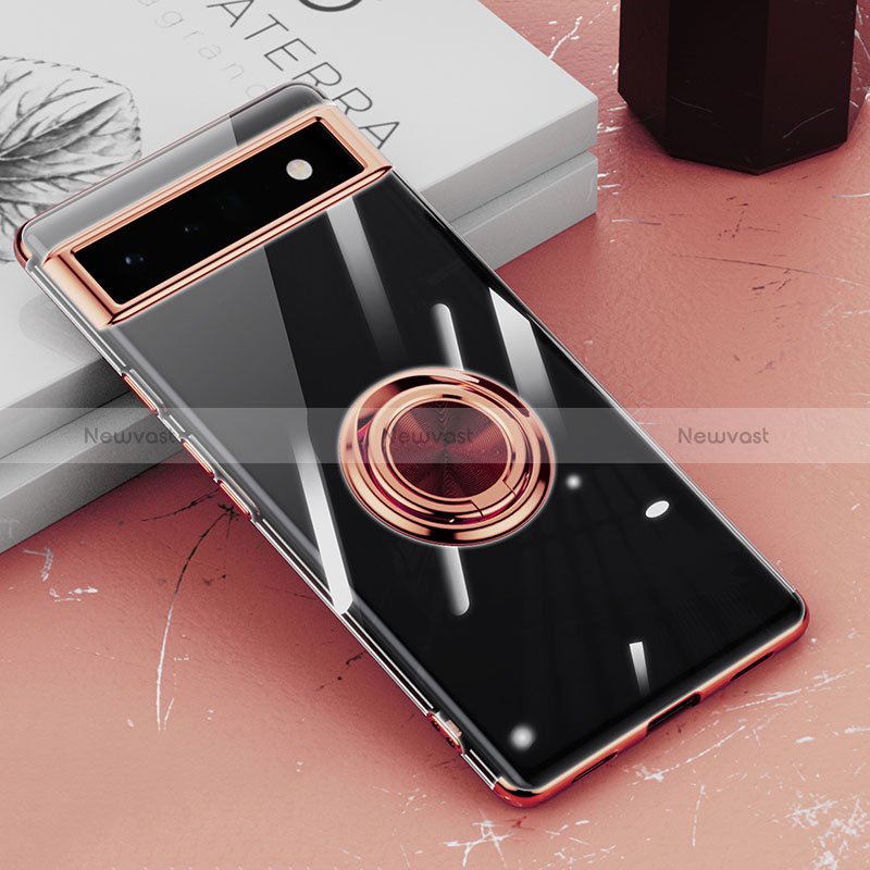 Ultra-thin Transparent TPU Soft Case Cover with Magnetic Finger Ring Stand AN1 for Google Pixel 6a 5G Rose Gold