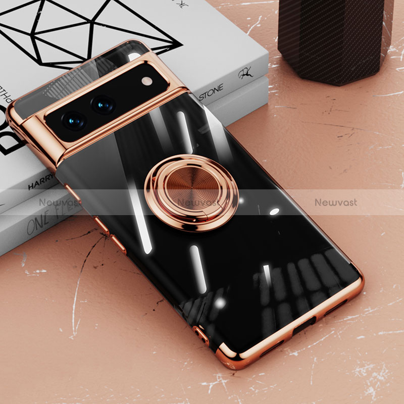 Ultra-thin Transparent TPU Soft Case Cover with Magnetic Finger Ring Stand AN1 for Google Pixel 7 5G Rose Gold