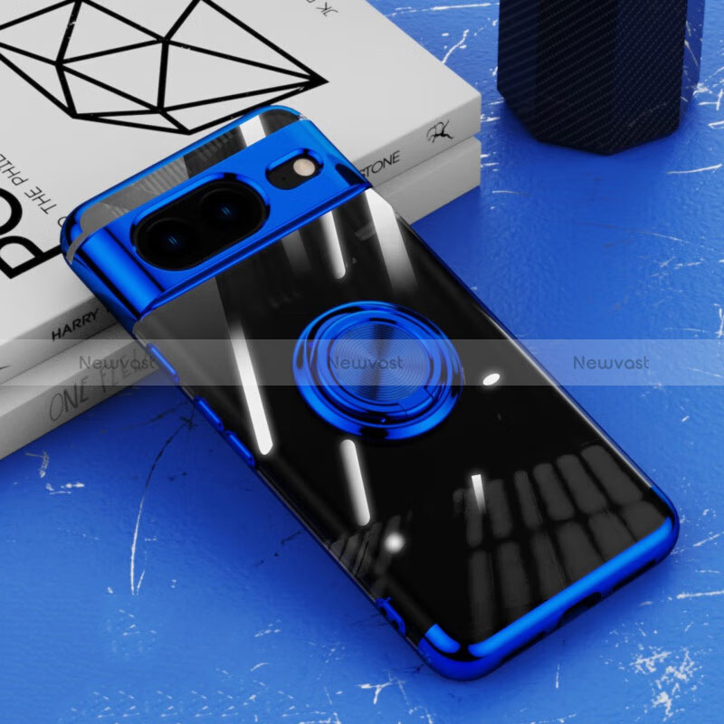 Ultra-thin Transparent TPU Soft Case Cover with Magnetic Finger Ring Stand AN1 for Google Pixel 8 5G Blue