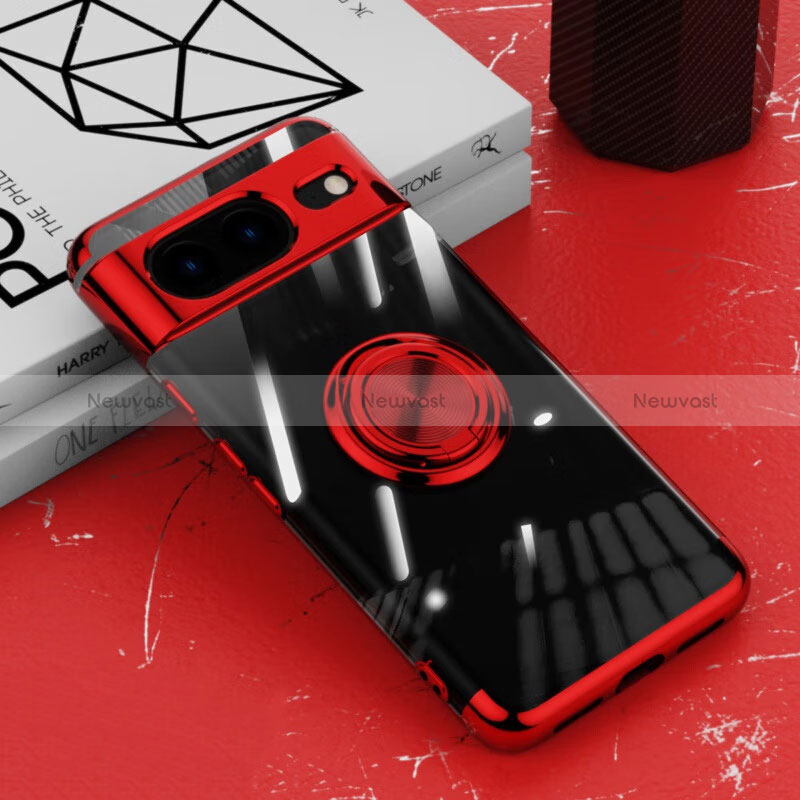 Ultra-thin Transparent TPU Soft Case Cover with Magnetic Finger Ring Stand AN1 for Google Pixel 8 5G Red