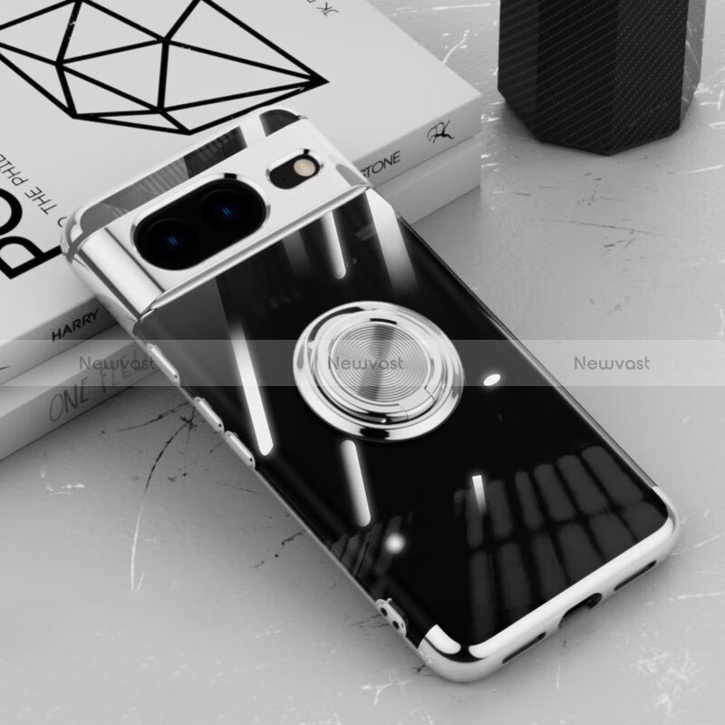 Ultra-thin Transparent TPU Soft Case Cover with Magnetic Finger Ring Stand AN1 for Google Pixel 8 5G Silver
