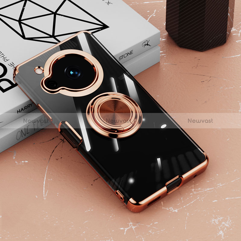 Ultra-thin Transparent TPU Soft Case Cover with Magnetic Finger Ring Stand AN1 for Sharp Aquos R7 Rose Gold