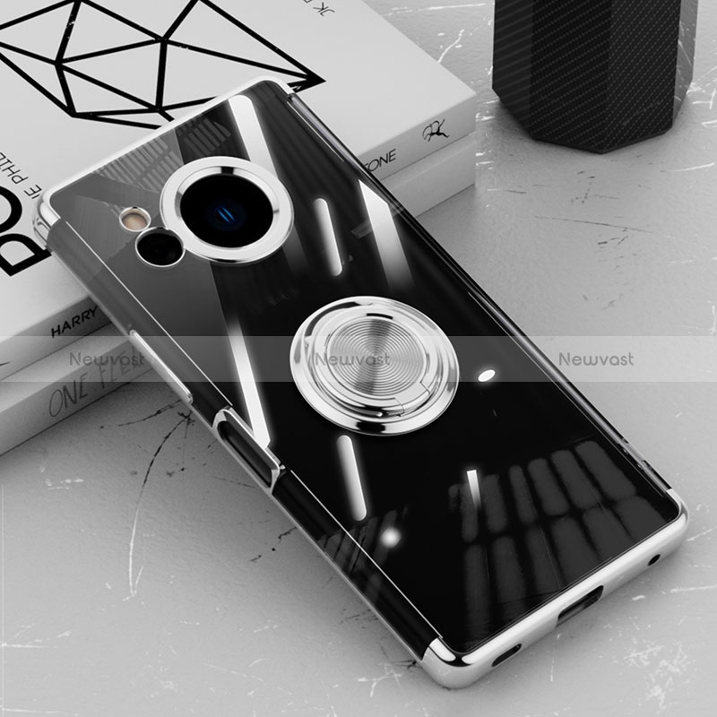 Ultra-thin Transparent TPU Soft Case Cover with Magnetic Finger Ring Stand AN1 for Sharp Aquos R8 Silver