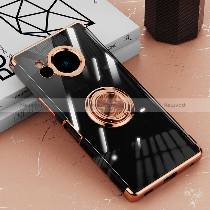 Ultra-thin Transparent TPU Soft Case Cover with Magnetic Finger Ring Stand AN1 for Sharp Aquos R8s Rose Gold