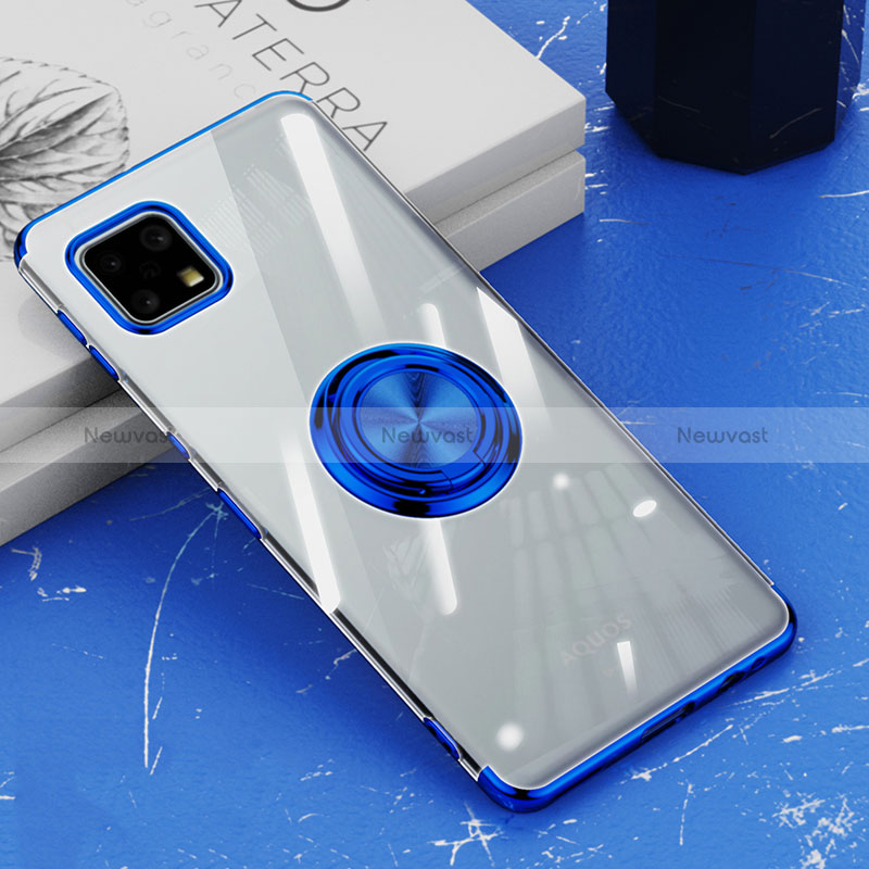 Ultra-thin Transparent TPU Soft Case Cover with Magnetic Finger Ring Stand AN1 for Sharp Aquos Sense6 Blue