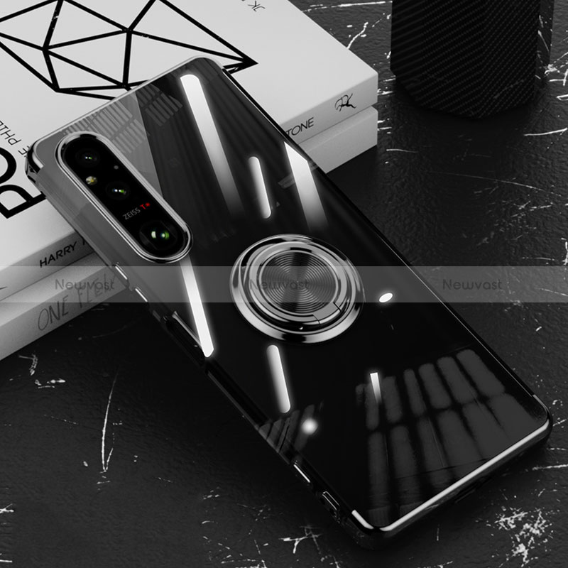 Ultra-thin Transparent TPU Soft Case Cover with Magnetic Finger Ring Stand AN1 for Sony Xperia 1 V Black