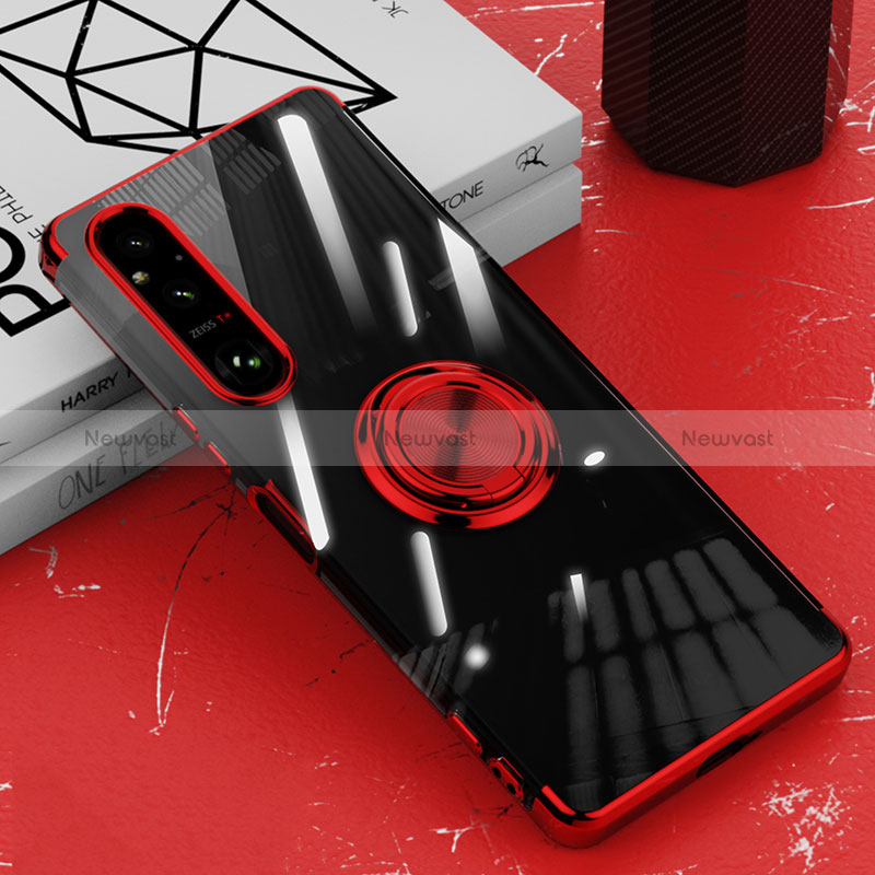 Ultra-thin Transparent TPU Soft Case Cover with Magnetic Finger Ring Stand AN1 for Sony Xperia 1 V Red