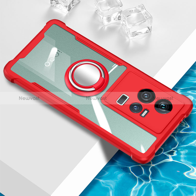 Ultra-thin Transparent TPU Soft Case Cover with Magnetic Finger Ring Stand BH1 for Vivo iQOO 11 Pro 5G Red
