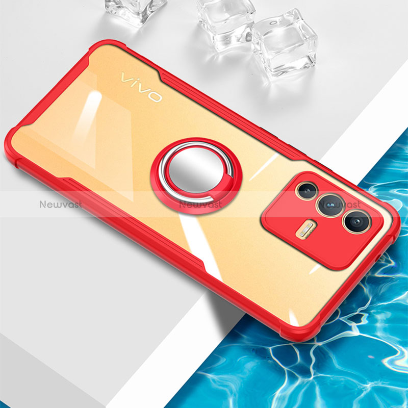 Ultra-thin Transparent TPU Soft Case Cover with Magnetic Finger Ring Stand BH1 for Vivo V23 5G Red