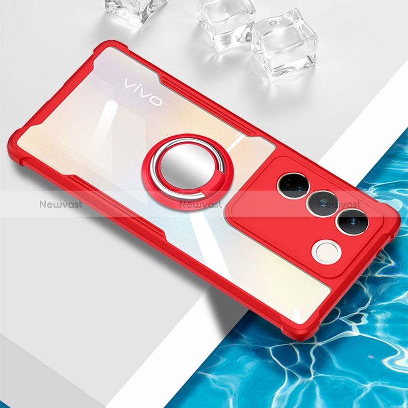 Ultra-thin Transparent TPU Soft Case Cover with Magnetic Finger Ring Stand BH1 for Vivo V27 Pro 5G Red