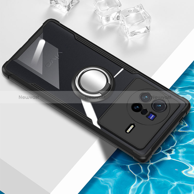 Ultra-thin Transparent TPU Soft Case Cover with Magnetic Finger Ring Stand BH1 for Vivo X80 5G Black