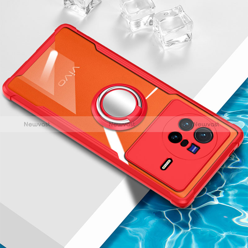 Ultra-thin Transparent TPU Soft Case Cover with Magnetic Finger Ring Stand BH1 for Vivo X80 5G Red