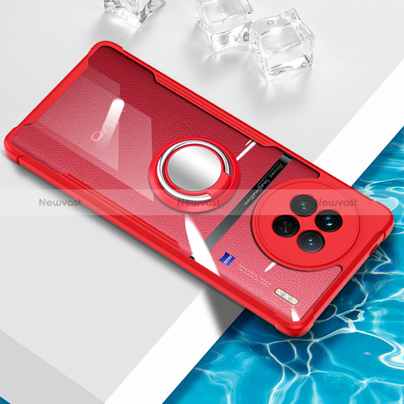 Ultra-thin Transparent TPU Soft Case Cover with Magnetic Finger Ring Stand BH1 for Vivo X90 5G Red