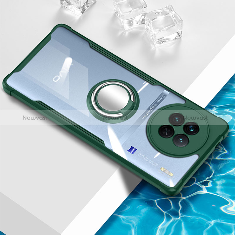 Ultra-thin Transparent TPU Soft Case Cover with Magnetic Finger Ring Stand BH1 for Vivo X90 Pro 5G Green