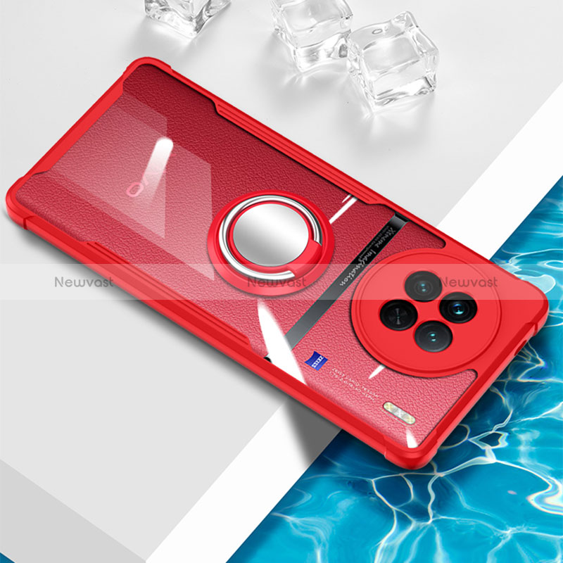 Ultra-thin Transparent TPU Soft Case Cover with Magnetic Finger Ring Stand BH1 for Vivo X90 Pro 5G Red