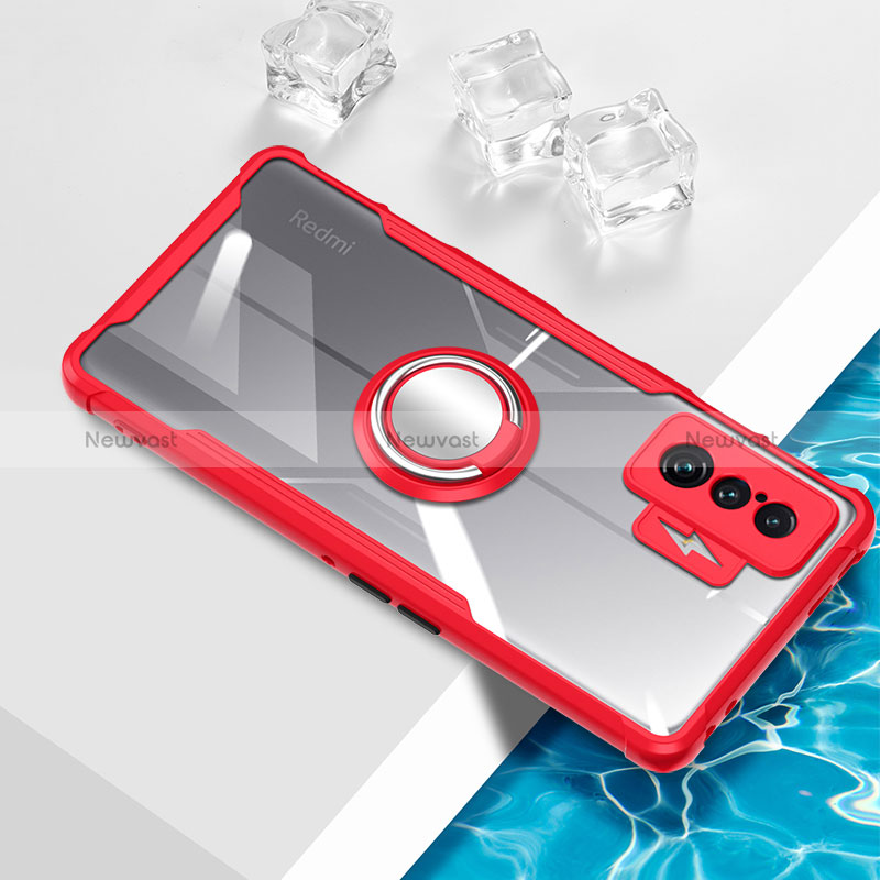 Ultra-thin Transparent TPU Soft Case Cover with Magnetic Finger Ring Stand BH1 for Xiaomi Poco F4 GT 5G Red