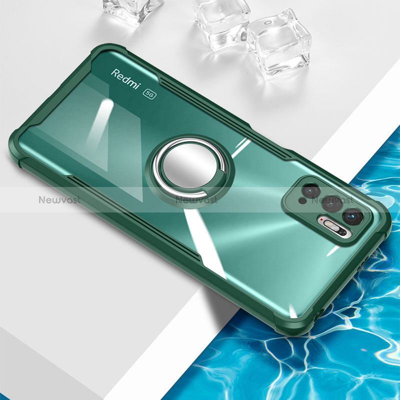 Ultra-thin Transparent TPU Soft Case Cover with Magnetic Finger Ring Stand BH1 for Xiaomi POCO M3 Pro 5G Green