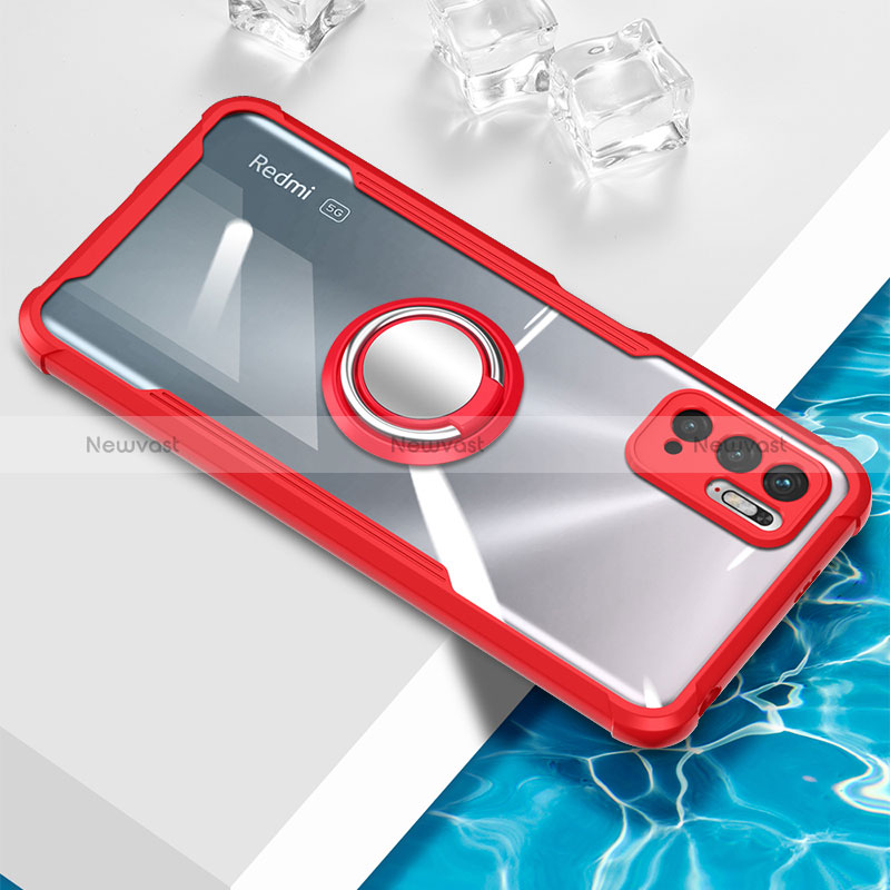 Ultra-thin Transparent TPU Soft Case Cover with Magnetic Finger Ring Stand BH1 for Xiaomi POCO M3 Pro 5G Red