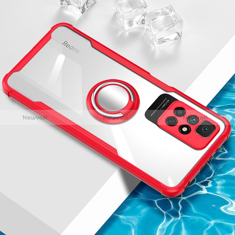 Ultra-thin Transparent TPU Soft Case Cover with Magnetic Finger Ring Stand BH1 for Xiaomi Poco M4 Pro 5G Red