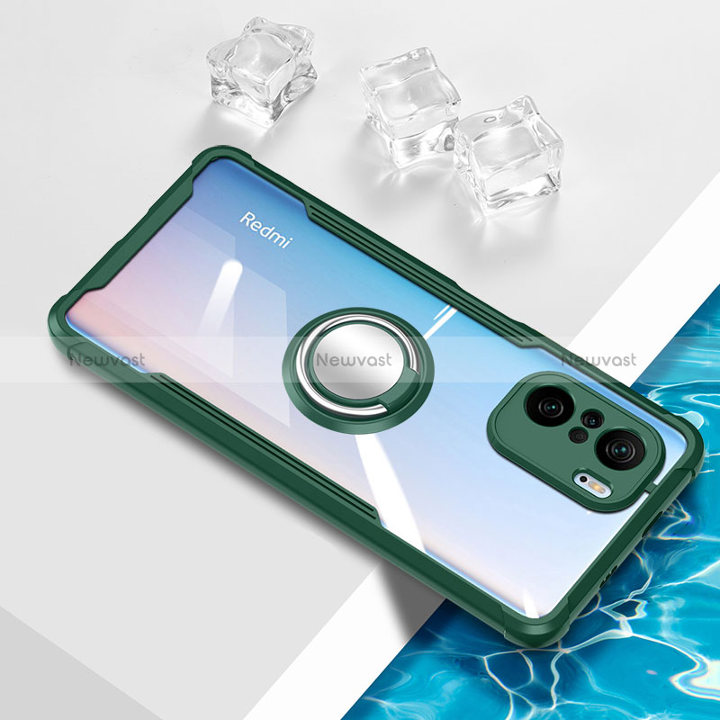 Ultra-thin Transparent TPU Soft Case Cover with Magnetic Finger Ring Stand BH1 for Xiaomi Redmi K40 Pro 5G Green