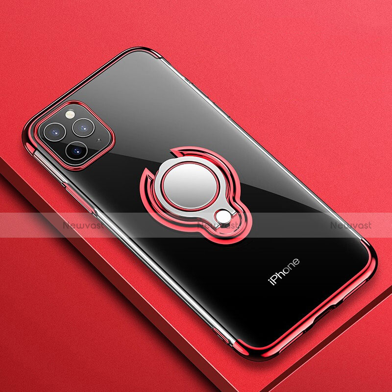 Ultra-thin Transparent TPU Soft Case Cover with Magnetic Finger Ring Stand C01 for Apple iPhone 11 Pro Max Red