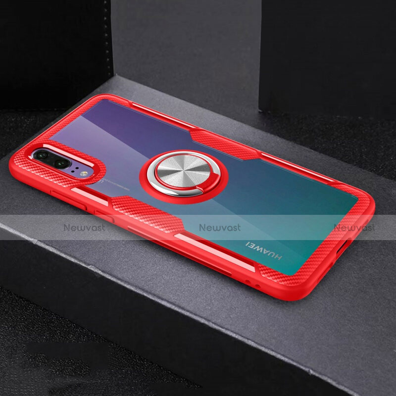 Ultra-thin Transparent TPU Soft Case Cover with Magnetic Finger Ring Stand C01 for Huawei P20