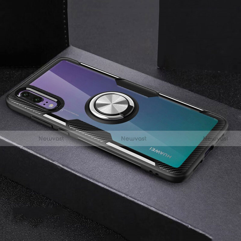 Ultra-thin Transparent TPU Soft Case Cover with Magnetic Finger Ring Stand C01 for Huawei P20