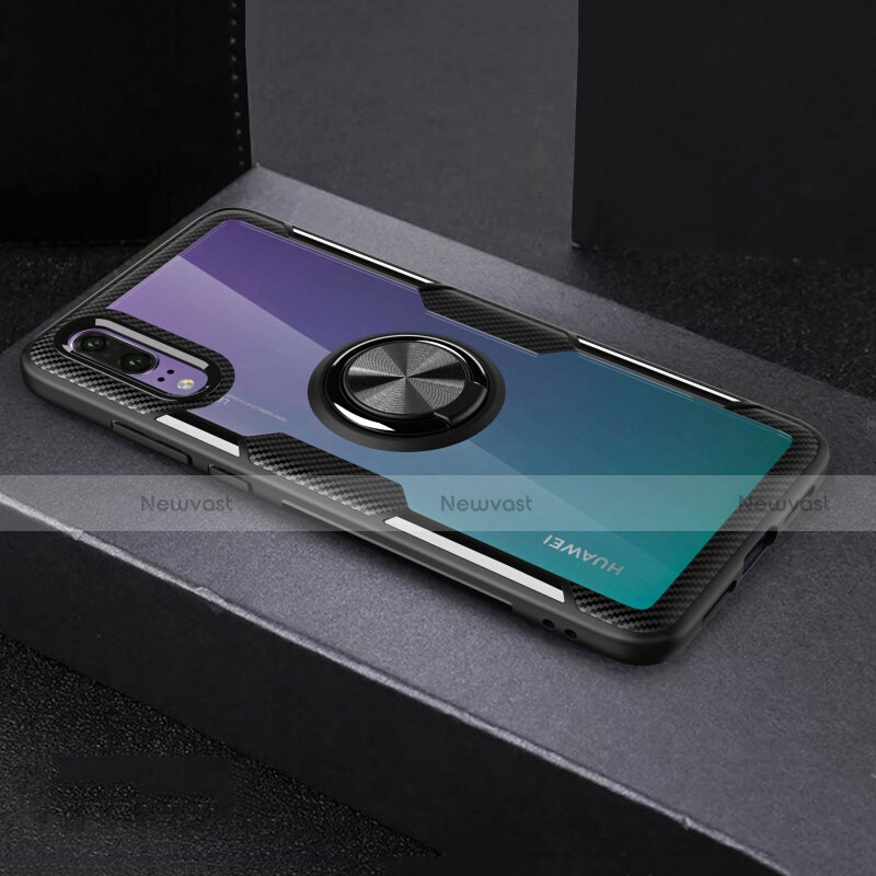 Ultra-thin Transparent TPU Soft Case Cover with Magnetic Finger Ring Stand C01 for Huawei P20 Black