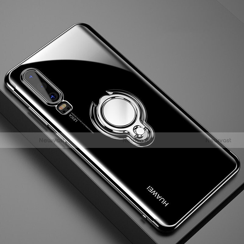 Ultra-thin Transparent TPU Soft Case Cover with Magnetic Finger Ring Stand C01 for Huawei P30 Black