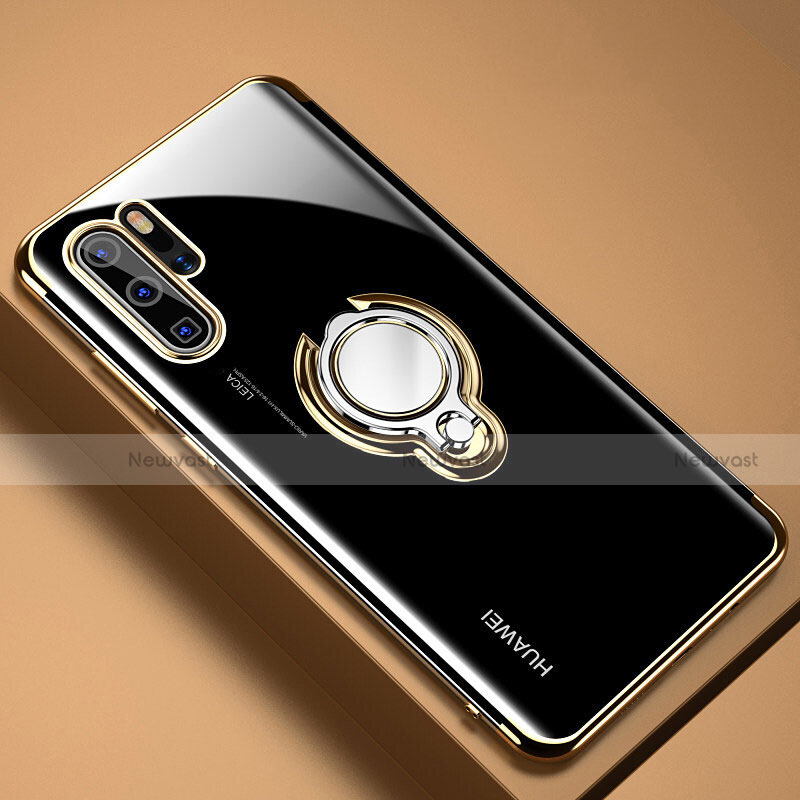 Ultra-thin Transparent TPU Soft Case Cover with Magnetic Finger Ring Stand C01 for Huawei P30 Pro Gold