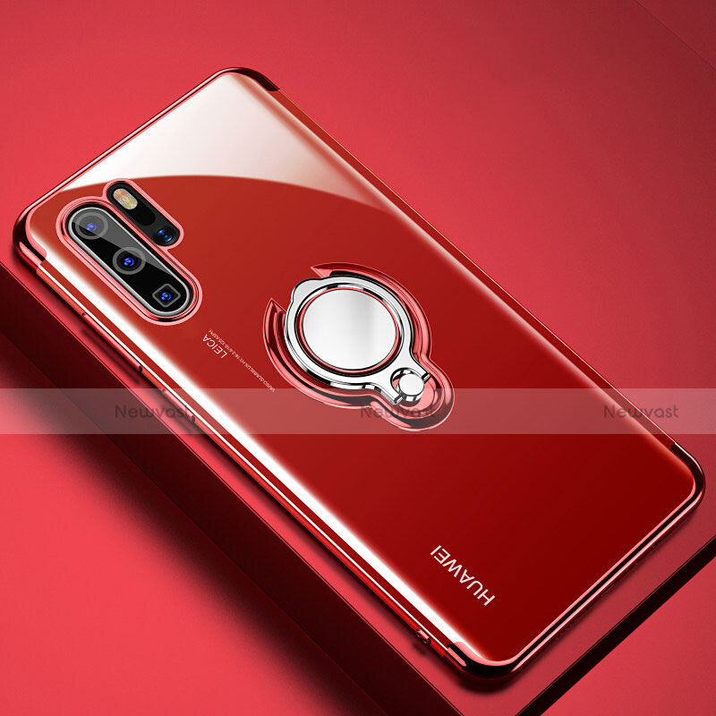 Ultra-thin Transparent TPU Soft Case Cover with Magnetic Finger Ring Stand C01 for Huawei P30 Pro New Edition Red