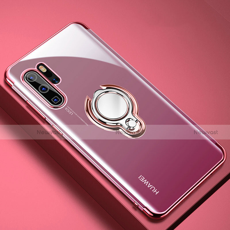 Ultra-thin Transparent TPU Soft Case Cover with Magnetic Finger Ring Stand C01 for Huawei P30 Pro New Edition Rose Gold