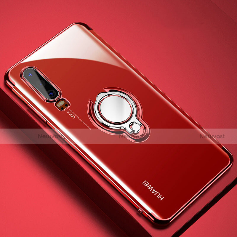 Ultra-thin Transparent TPU Soft Case Cover with Magnetic Finger Ring Stand C01 for Huawei P30 Red