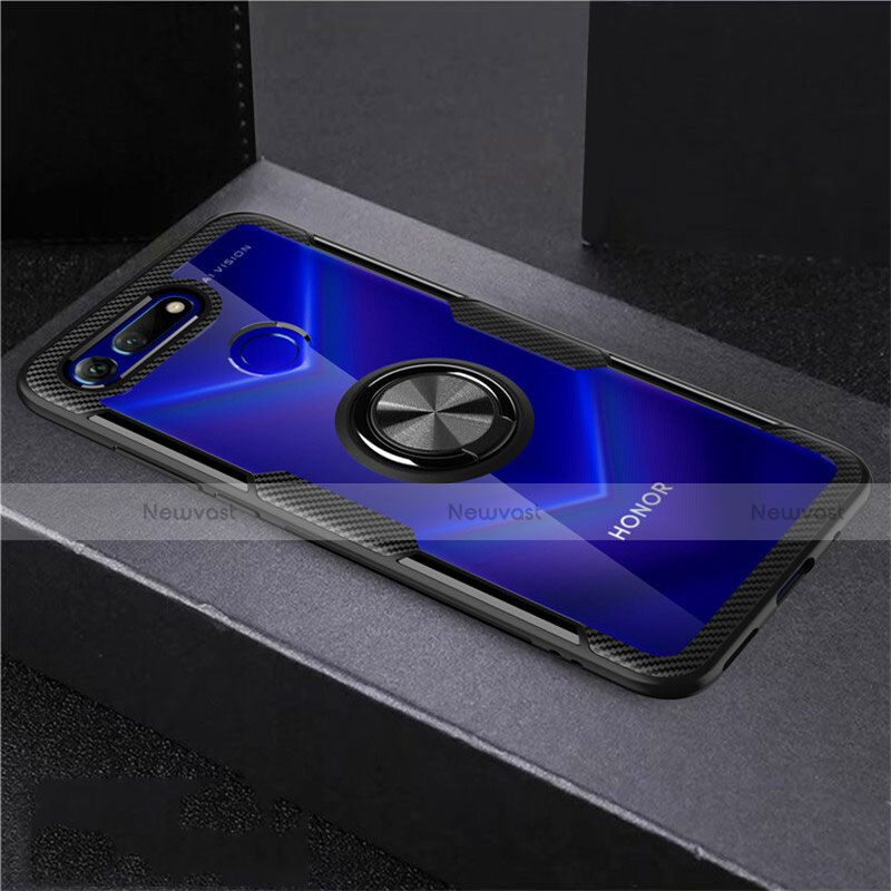 Ultra-thin Transparent TPU Soft Case Cover with Magnetic Finger Ring Stand C02 for Huawei Honor V20 Black