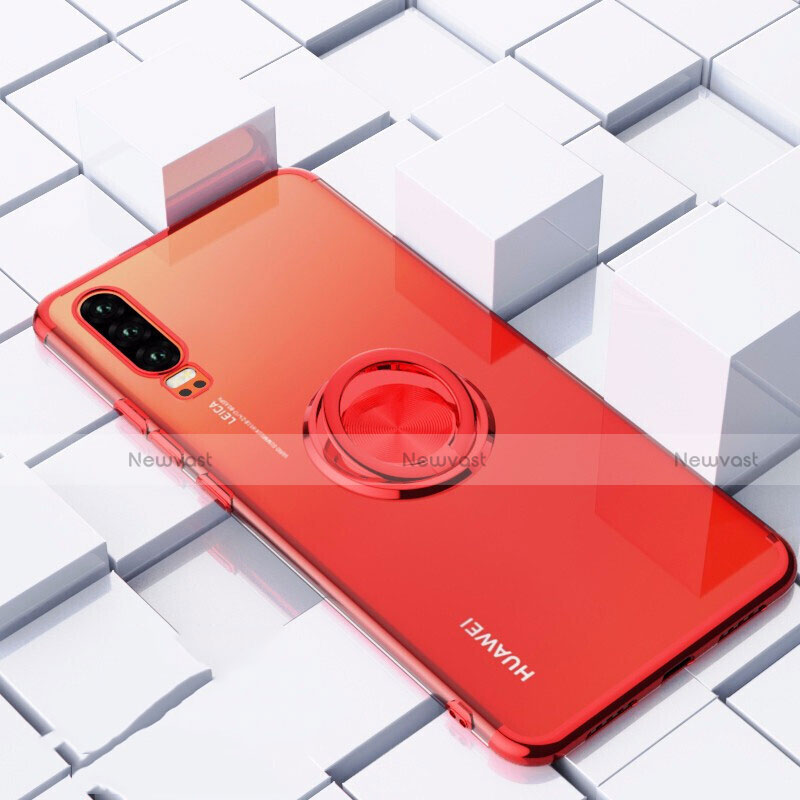 Ultra-thin Transparent TPU Soft Case Cover with Magnetic Finger Ring Stand C02 for Huawei P30 Red