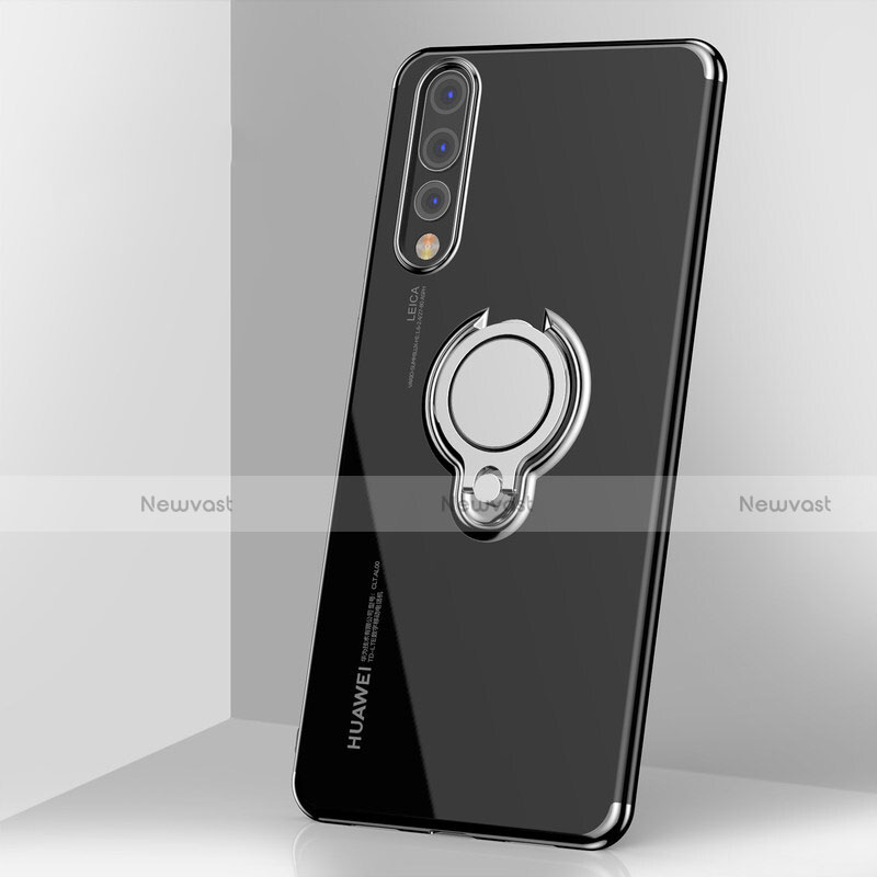 Ultra-thin Transparent TPU Soft Case Cover with Magnetic Finger Ring Stand C03 for Huawei P20 Pro Black