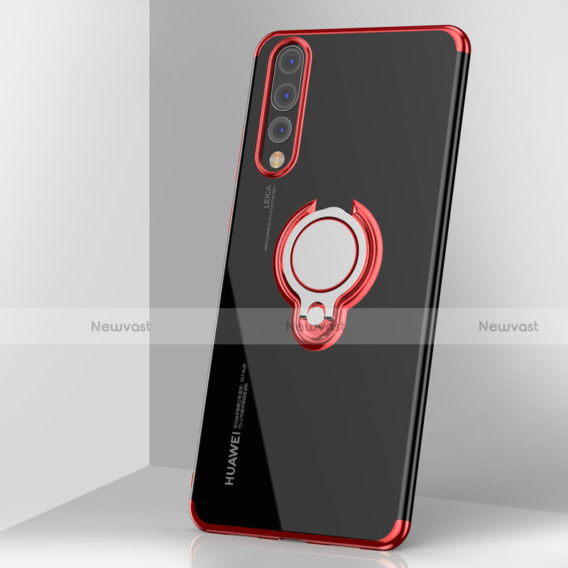 Ultra-thin Transparent TPU Soft Case Cover with Magnetic Finger Ring Stand C03 for Huawei P20 Pro Red