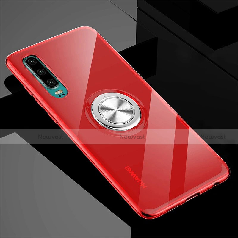 Ultra-thin Transparent TPU Soft Case Cover with Magnetic Finger Ring Stand C03 for Huawei P30 Red