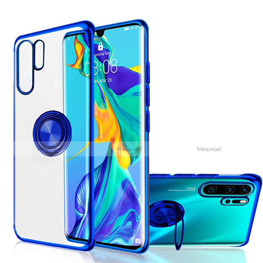 Ultra-thin Transparent TPU Soft Case Cover with Magnetic Finger Ring Stand C04 for Huawei P30 Pro Blue