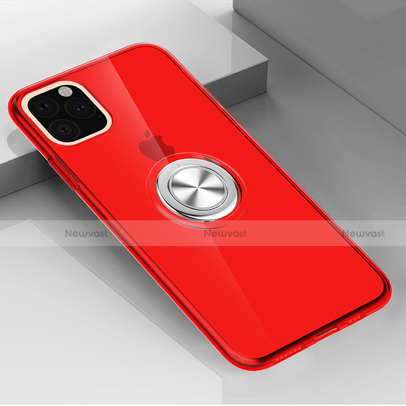 Ultra-thin Transparent TPU Soft Case Cover with Magnetic Finger Ring Stand F01 for Apple iPhone 11 Pro Red